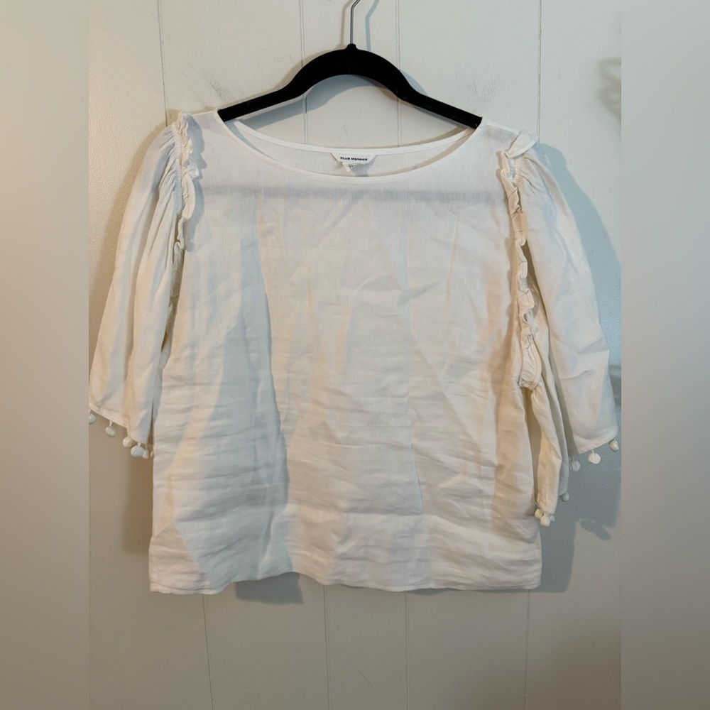 Club Monaco White Linen Pom Pom Top, Size M